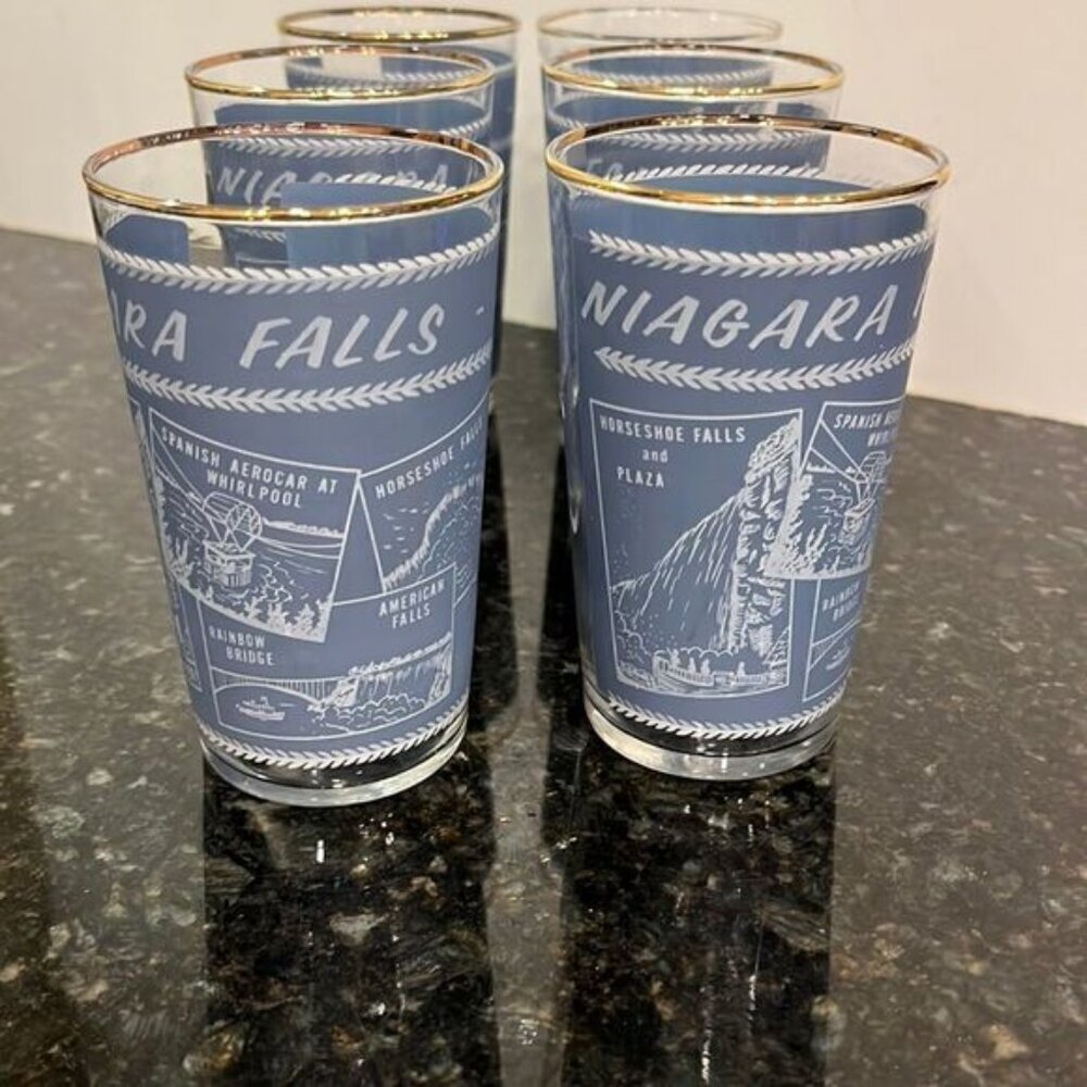 Vintage Blue Gold Rim NIAGARA FALLS -5 Collector Glass Drinking Tumblers